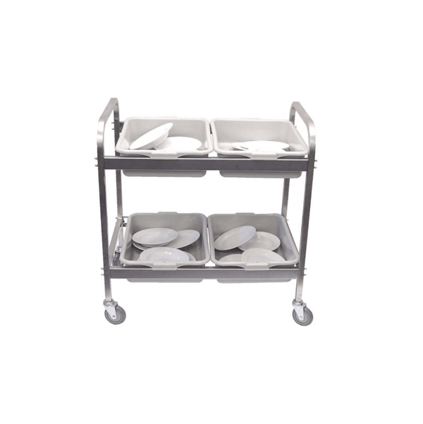 DISH CLEARING TROLLEY S/STEEL WITH 4 TOTE BOXES 870MM X 545MM X 930MM