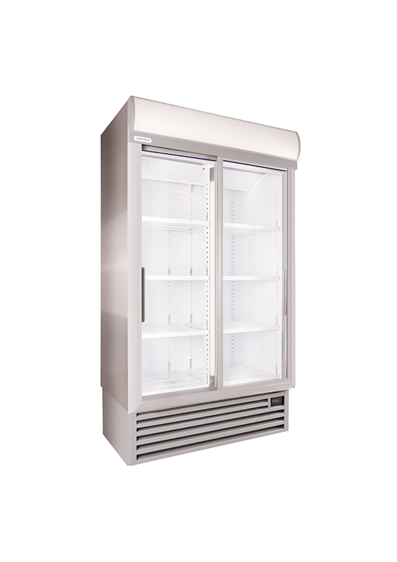 STAYCOLD DOUBLE SLIDING DOOR COOLER W/ S/S SIDES, EC FANS AND GREY TRIM