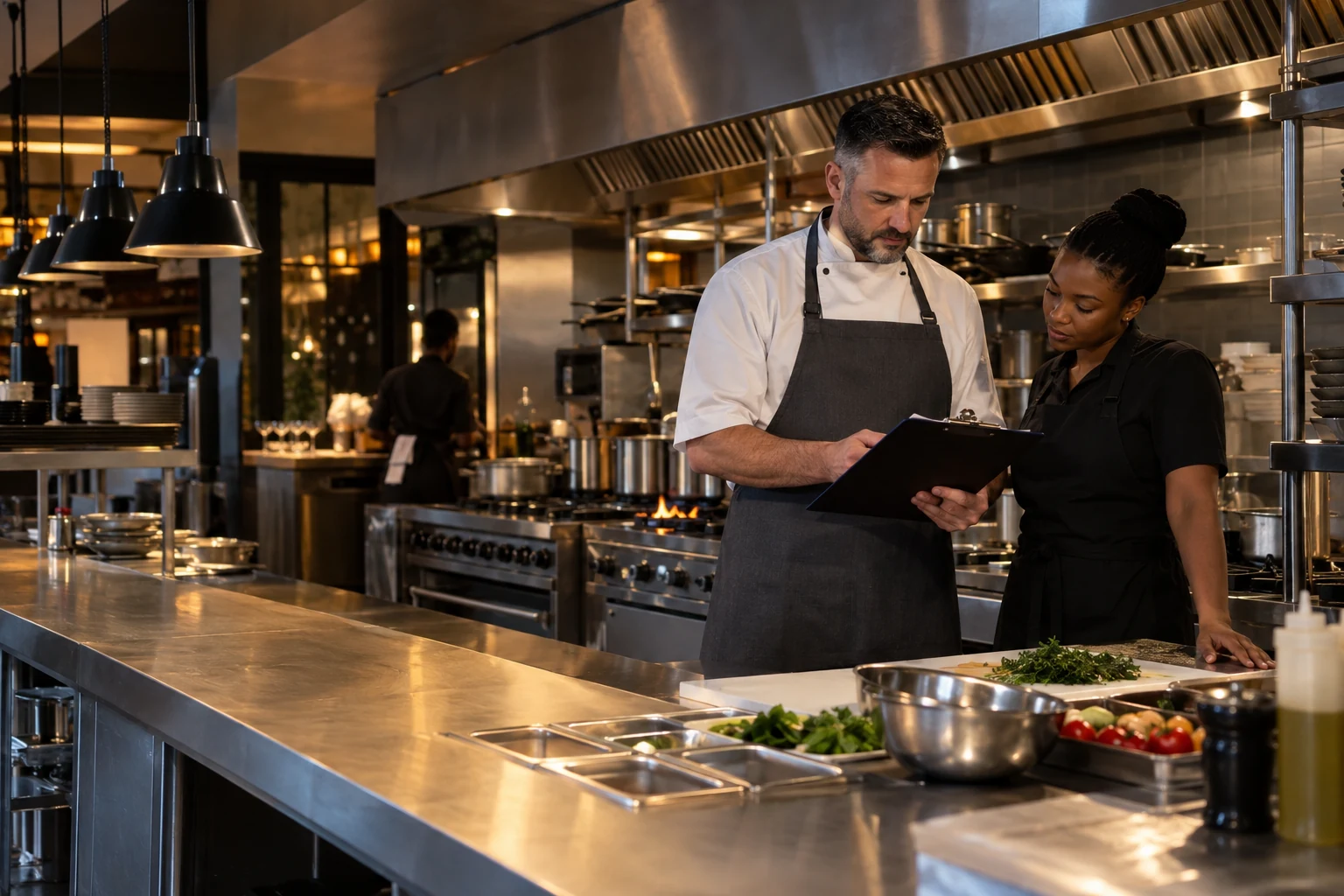Illustrative commercial kitchen with chefs planning equipment and service workflow.