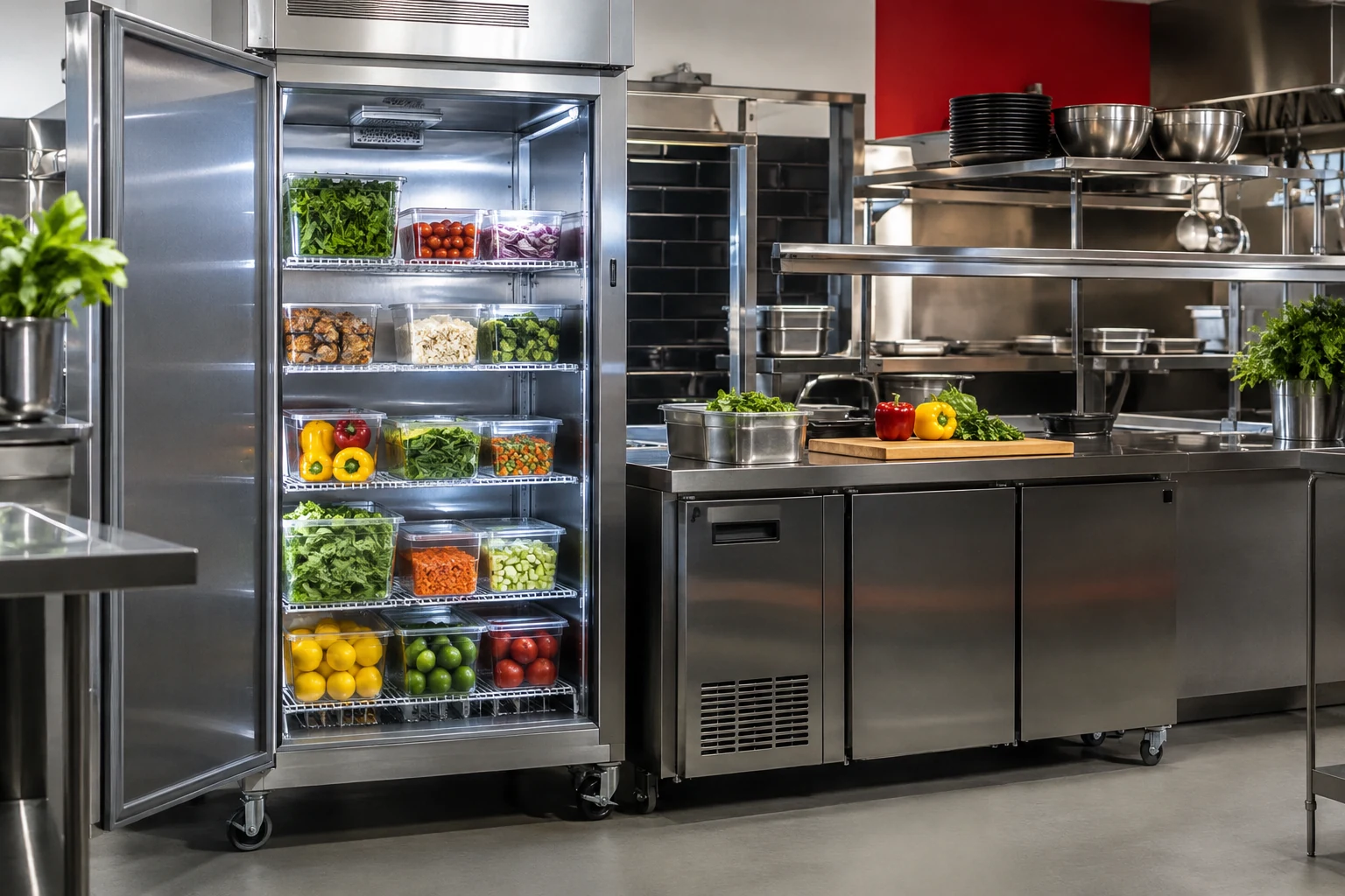 Illustrative upright commercial refrigerator with organised ingredient storage.