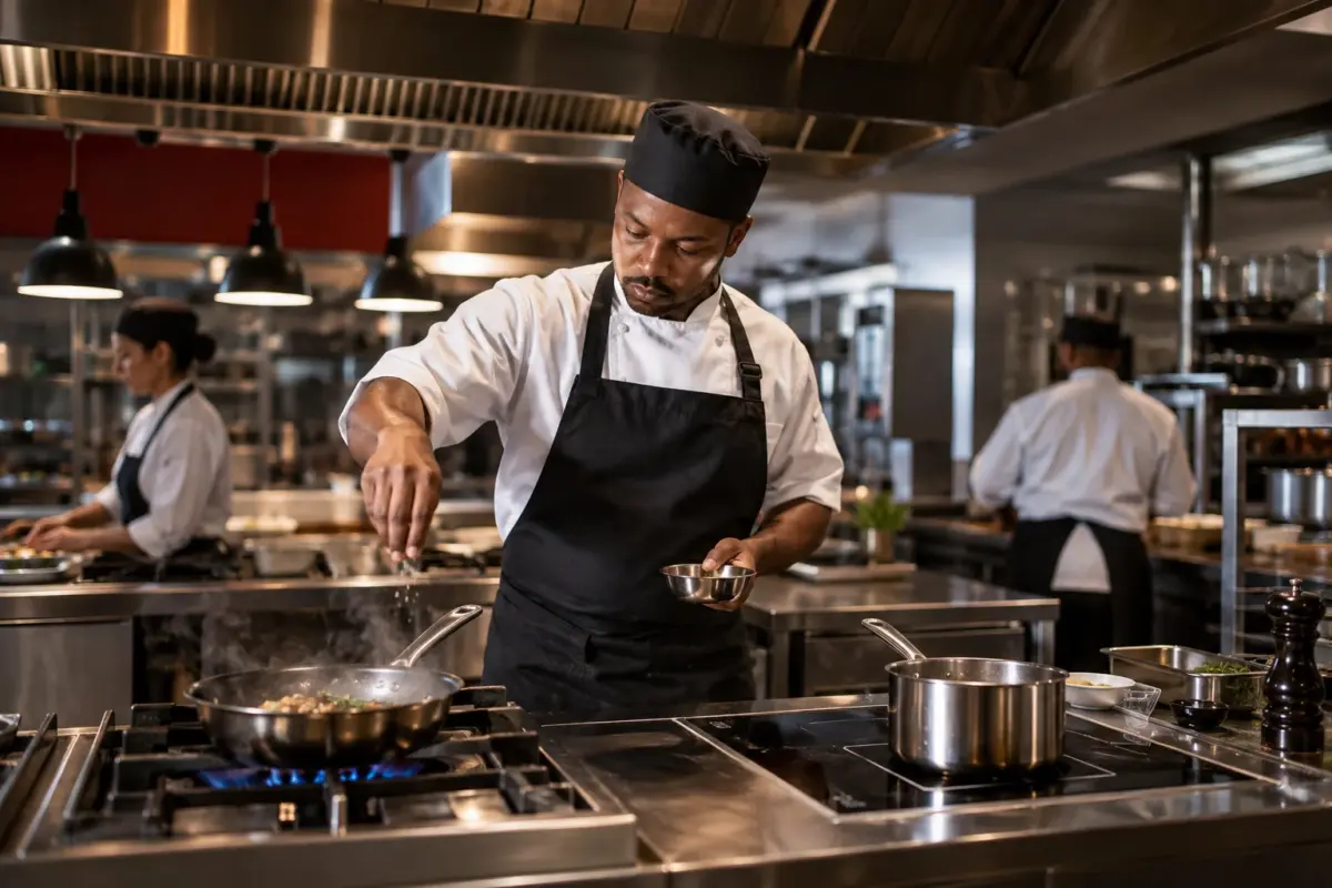 Illustrative chef working at a commercial cooking range.