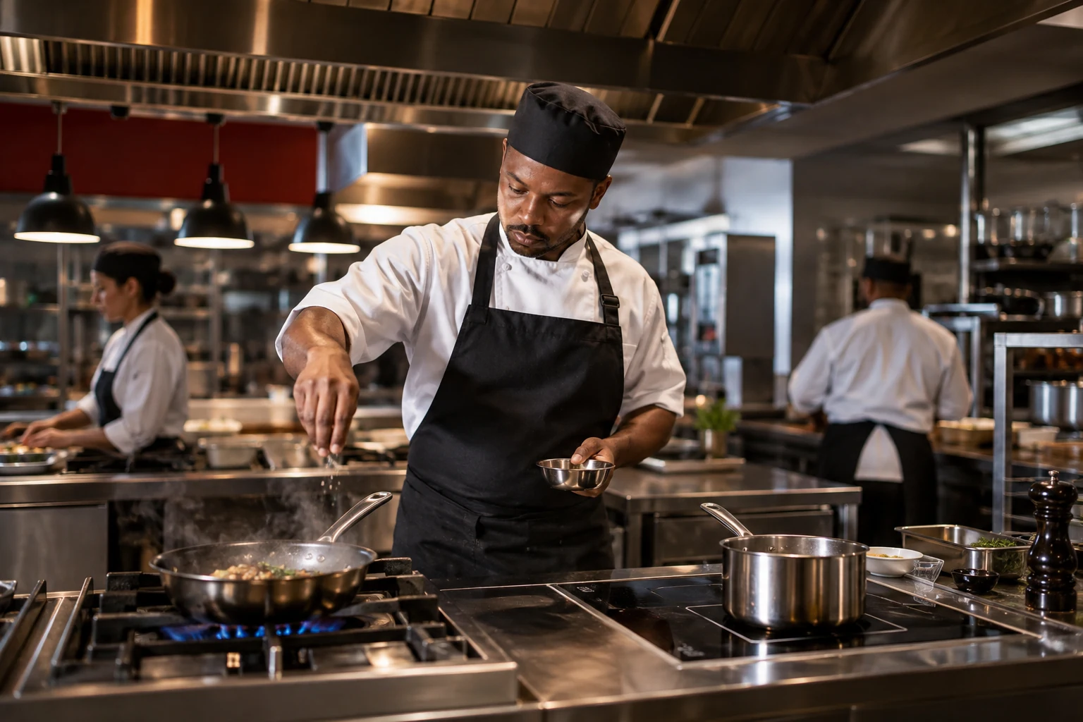 Illustrative chef working at a commercial cooking range.
