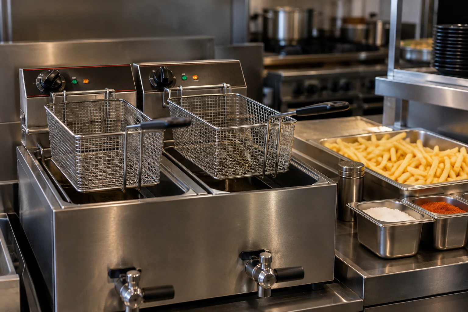 Illustrative stainless steel commercial fryer with two baskets.