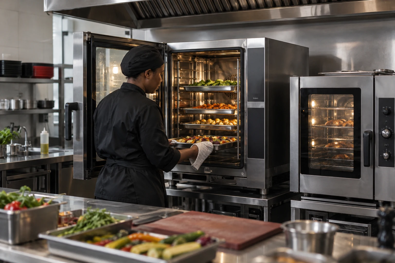 Illustrative chef loading trays into a commercial oven.