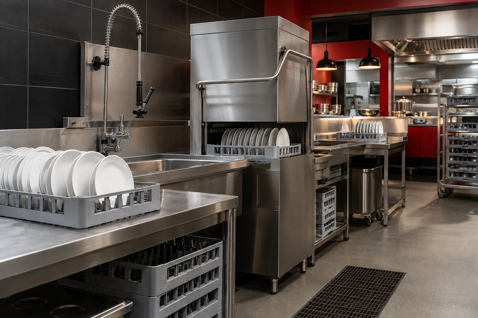 Illustrative pass-through dishwasher and stainless steel wash-up area.