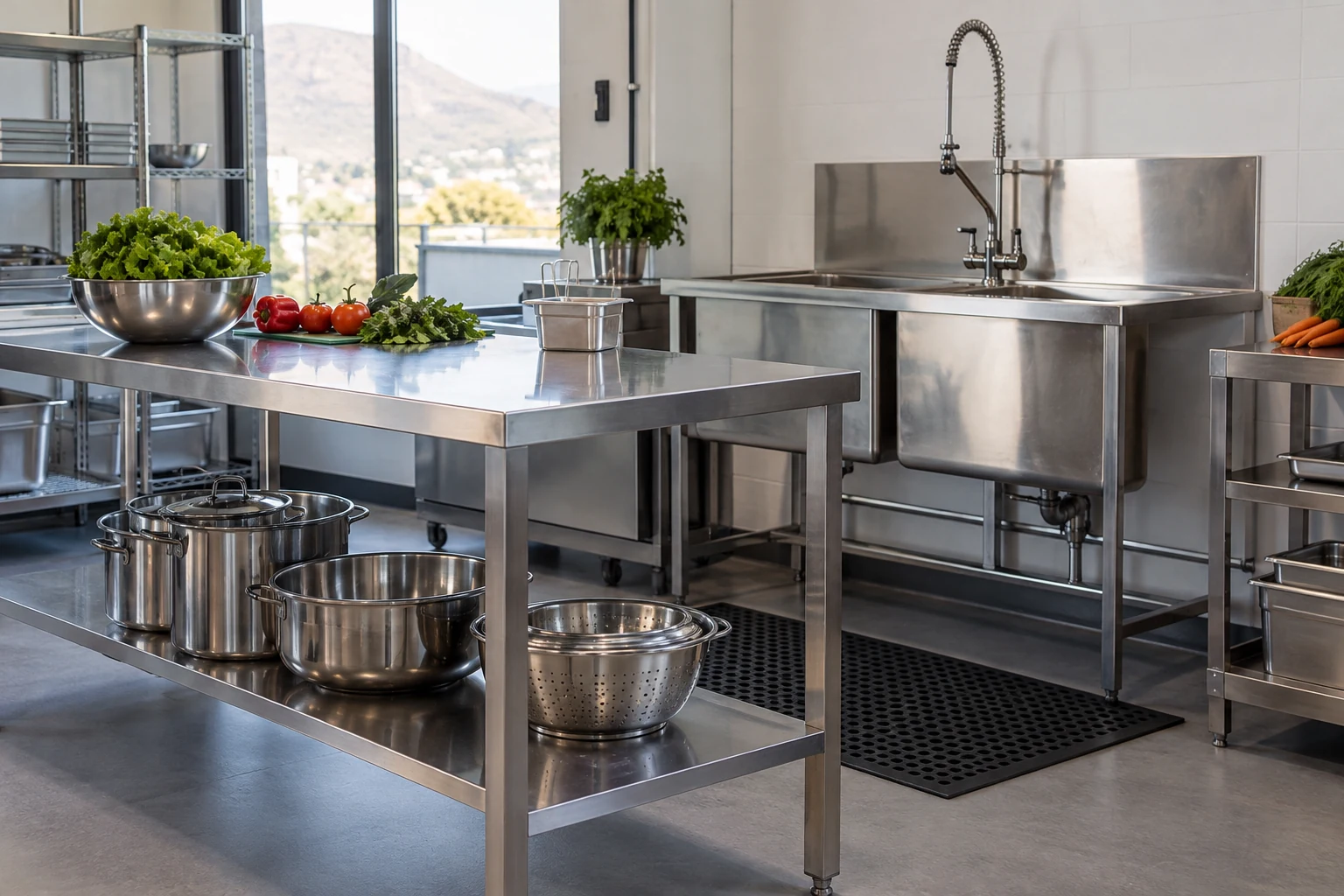 Illustrative stainless steel preparation table and kitchen sink.