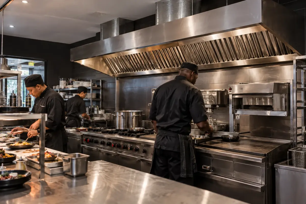 Illustrative commercial cooking line beneath an extraction canopy.
