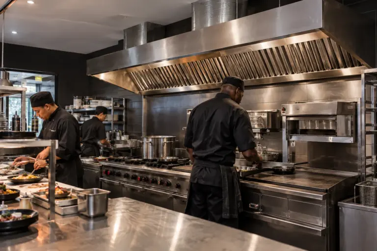 Illustrative commercial cooking line beneath an extraction canopy.
