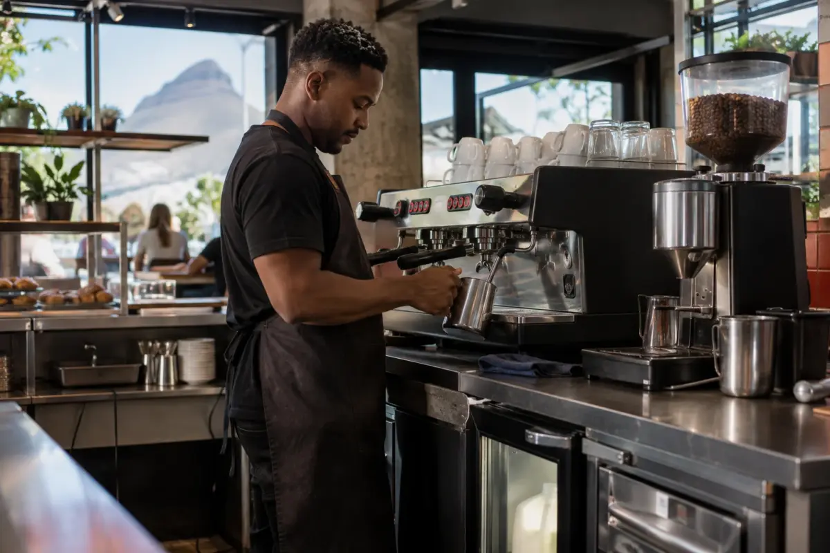 Illustrative barista preparing a drink at a coffee shop espresso machine.