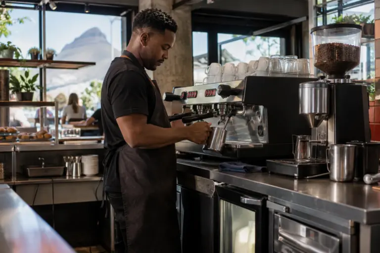 Illustrative barista preparing a drink at a coffee shop espresso machine.