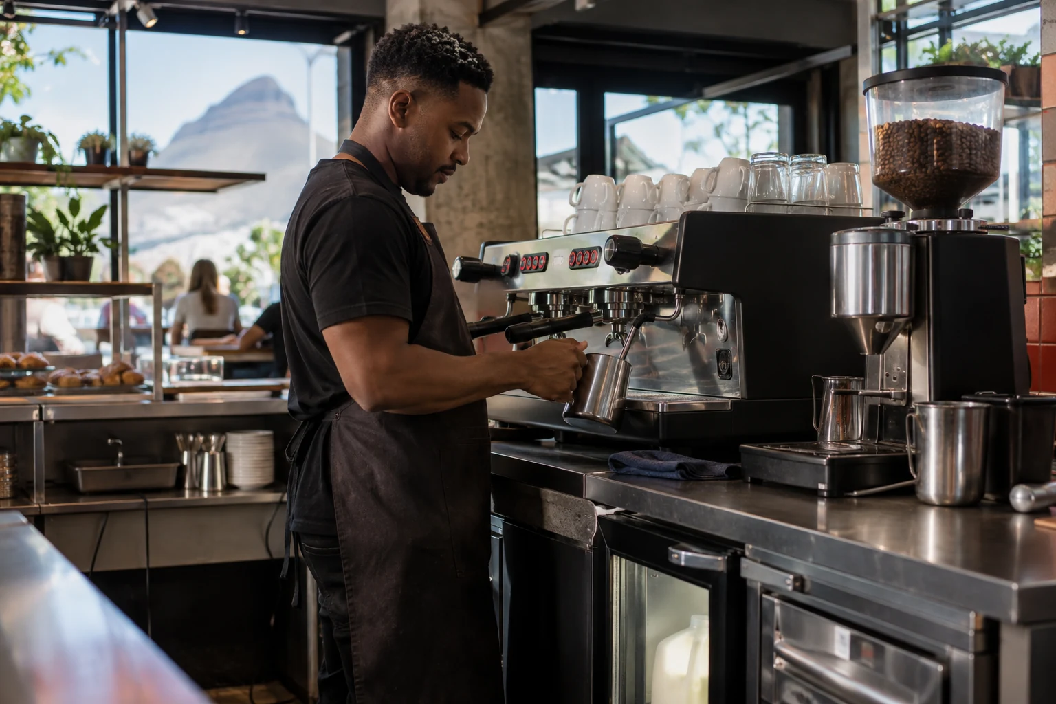 Illustrative barista preparing a drink at a coffee shop espresso machine.