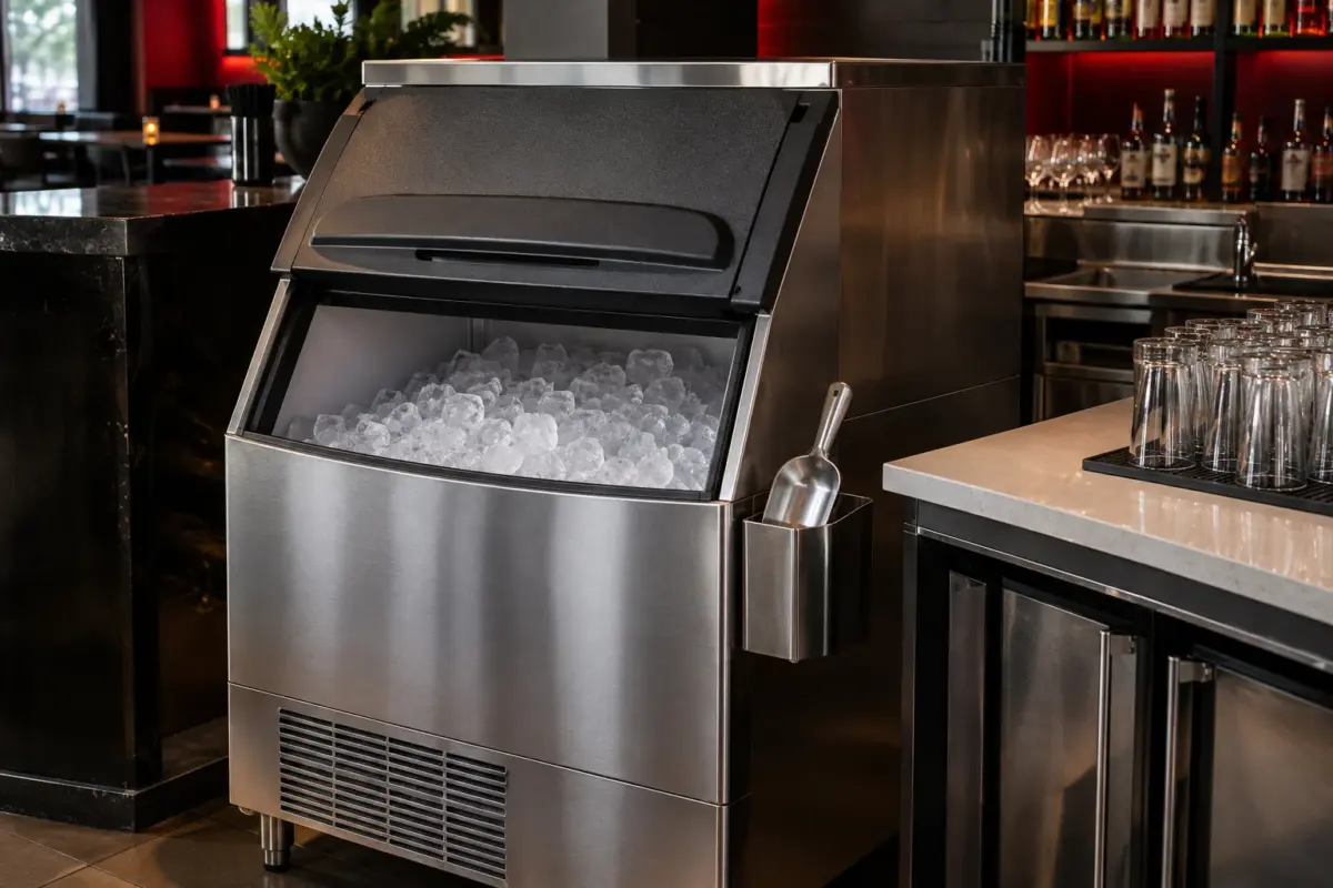 Illustrative commercial ice machine and storage bin in a bar.