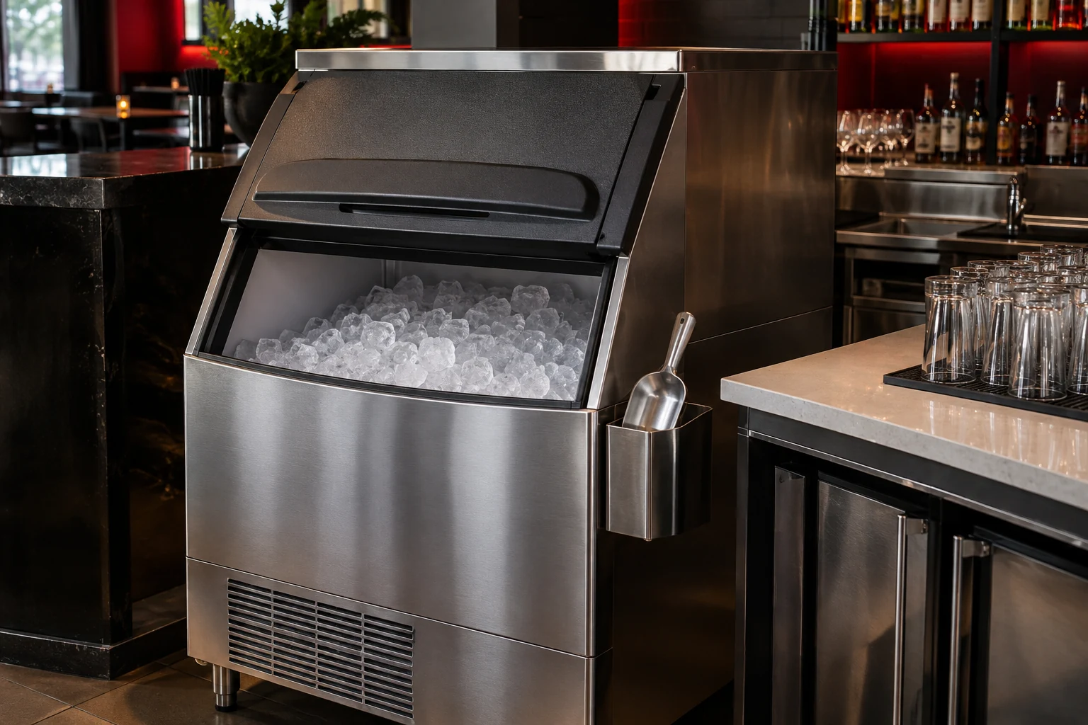 Illustrative commercial ice machine and storage bin in a bar.