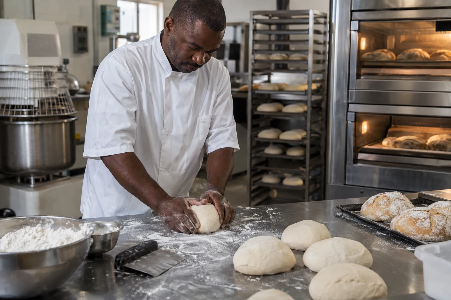 Illustrative baker shaping dough beside a mixer and bakery oven.