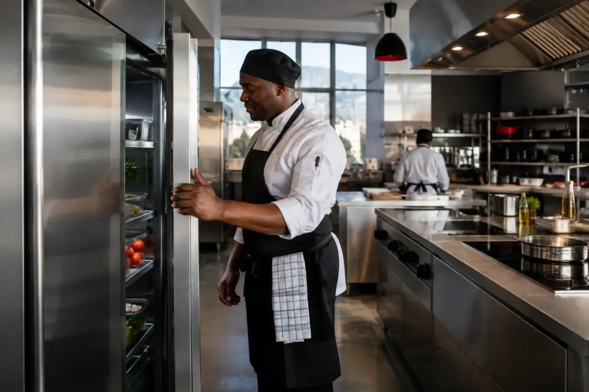 Illustrative chef closing a refrigerator door in a commercial kitchen.