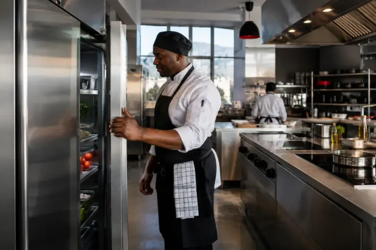 Illustrative chef closing a refrigerator door in a commercial kitchen.