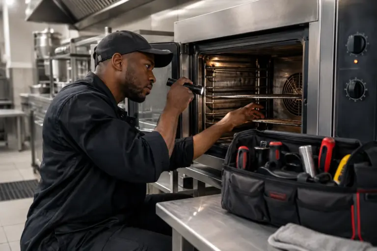 Illustrative technician inspecting a commercial oven.