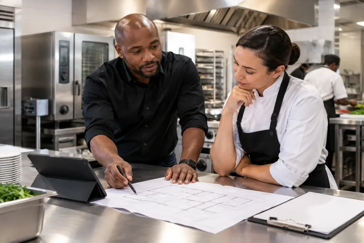 Illustrative kitchen team reviewing an equipment layout and quotation brief.